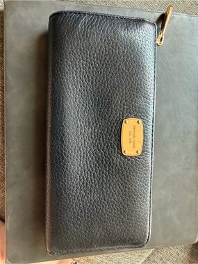 Michael Kors Black Leather Zip-Around Wallet with Gold Plaque